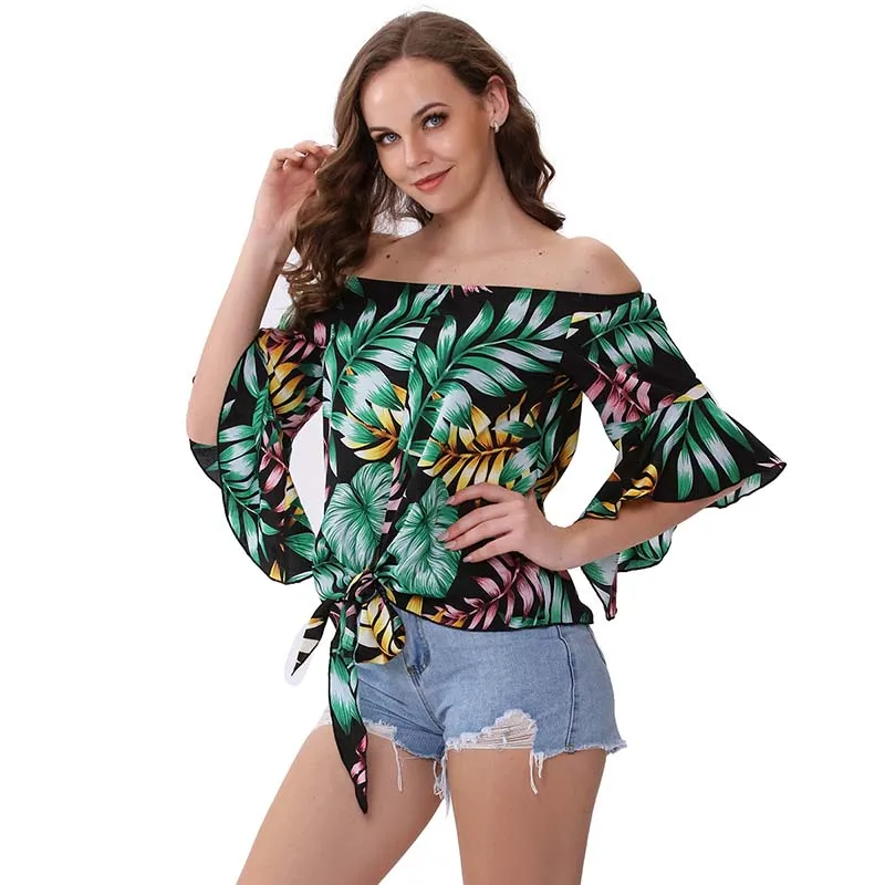 Женская блузка с цветочным принтом открытыми плечами и оборками|Блузки| |