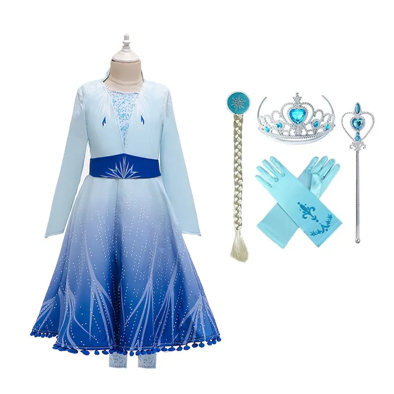 Маскарадный костюм Эльзы и Анны 2 для девочек-подростков, платье Снежной Королевы на год, детское пальто+ платье+ штаны, наряд, Детская туника для костюмированной вечеринки, 8, 10 - Цвет: Blue Elsa 4PC