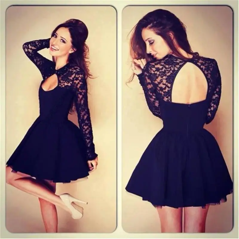 

Black Summer Women Dress Hollow Out Backless Lace Patchwork Long Sleeve Spring Sexy A-Line Dress Party Club Vestidos