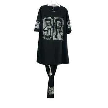 

Oversize 2XL- 6XL Workout Women Two Pieces Set Diamonds Short Sleeve Outfits Sporty Active Wear Female Tshirt And Pants Set