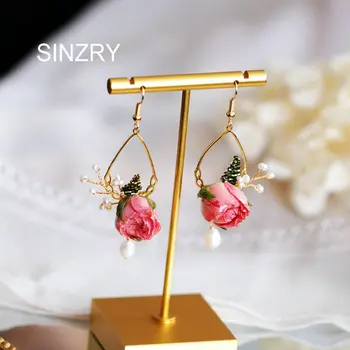 

SINZRY unique handmade jewelry trendy natural pearl preserved rose flower vintage sweety drop earrings for women