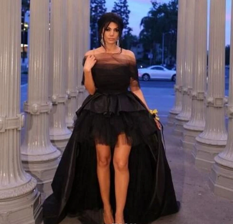

2019 High Low Black Satin Prom Dresses Sexy Off Shoulder Sweep Train Evening Party Gowns Special Occasion Dress