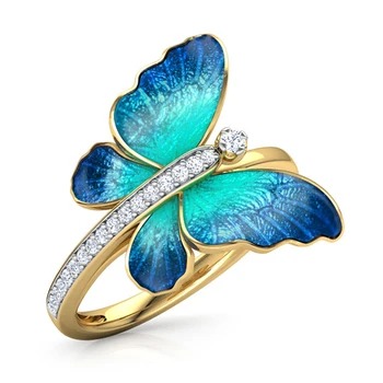 

Fashion Cute Flying Butterfly Rings For Women Luxury Yellow Gold Color Blue Oil Painting CZ Crystal Wedding Rings Gift Z3M466