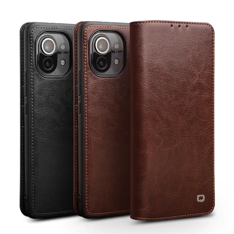 

Qialino Luxury Flip Genuine Leather Cover For Xiaomi Mi11 Business Pocket Card Slots Wallet Full Protection Cowhide Leather Case