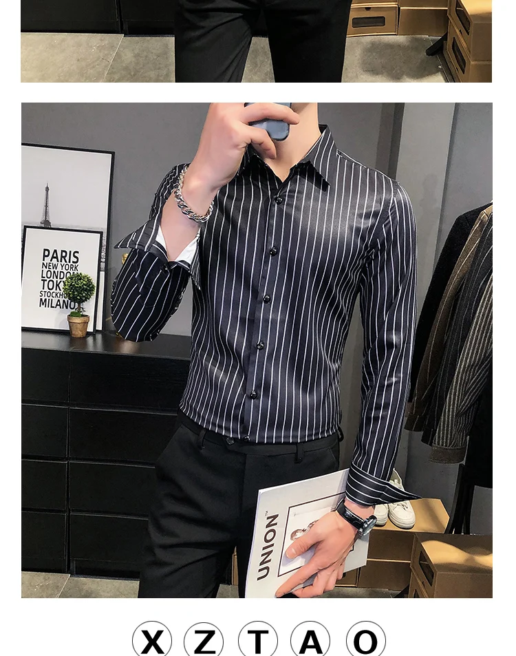 short sleeve button up shirt 2021 Spring Men's Striped Shirt Long Sleeve Slim Fit Streetwear Casual Shirts Business Dress Social Party Blouse Chemise Homme men's short sleeve dress shirts