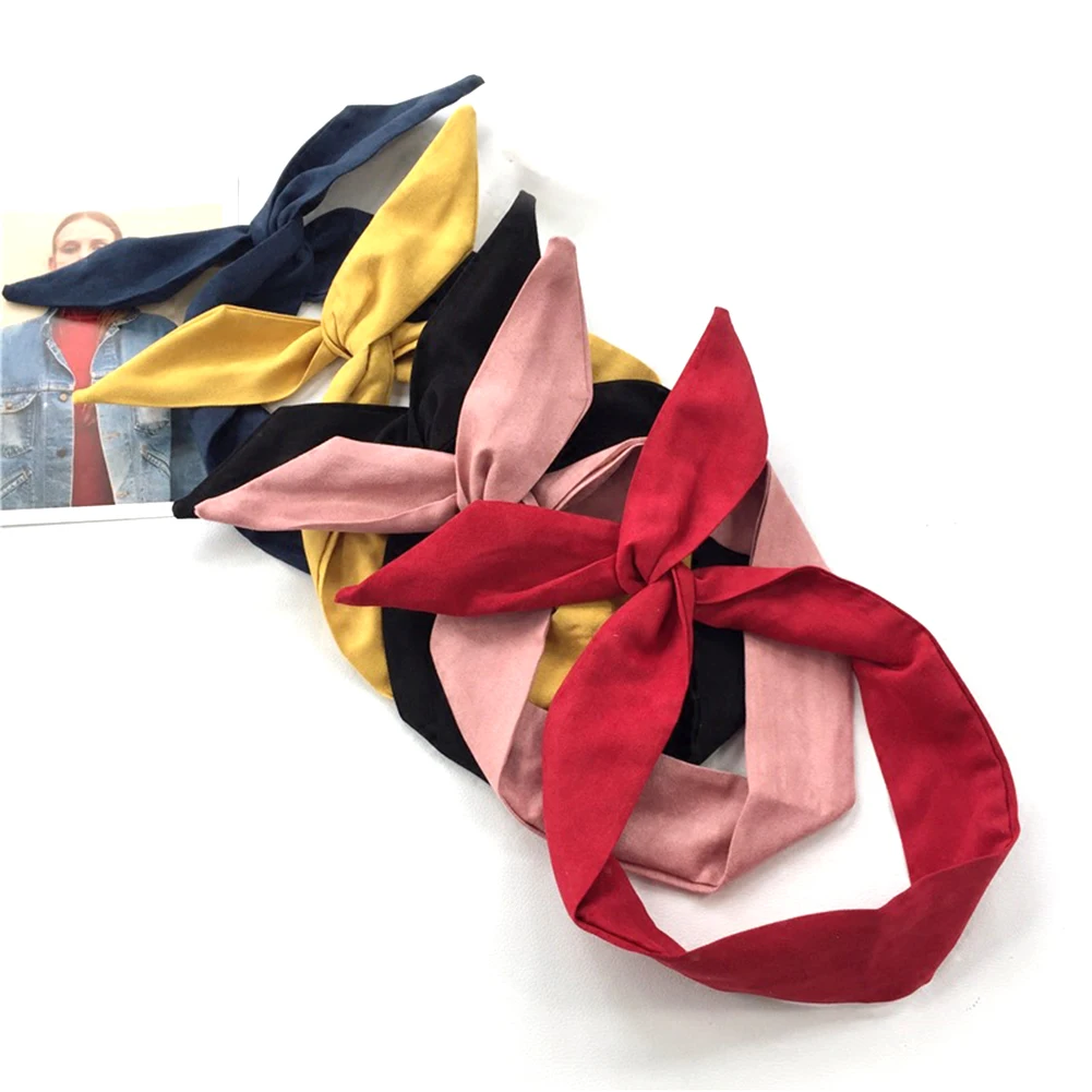 

Korean Suede Retro Solid Color Rabbit Ears Headbands Metal Wire Scarf Cross Bow Hairbands Headwear Hair Accessories