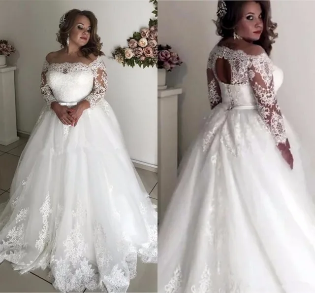 

Plus Size Wedding Dresses Sheer Neck Long Sleeve Appliques Illusion Sash Hollow Back Garden Country Bridal Gowns Robe De Mariee