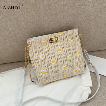 

Classic Texture Straw Woven Women Shoulder Bag Daisy Flower Delicate Creative Design Chic Messenger Pouch Female Beach Totes