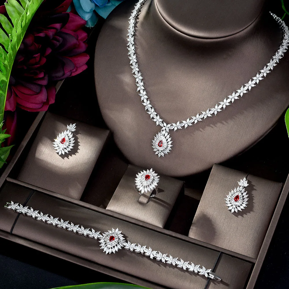 HIBRIDE роскошный свадебный комплект ювелирных изделий Красный Цирконий Капля воды цветок ожерелье серьги для женщин Свадебные аксессуары Bijoux N-1201