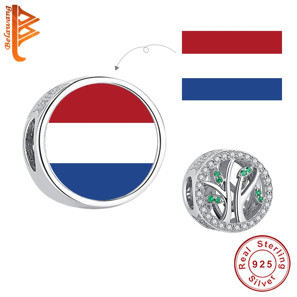 

BELAWANG 925 Sterling Silver NL Flag Custom Photo Bead Green CZ Tree Of Life Charm Fit Original Bracelet DIY Jewelry For Women