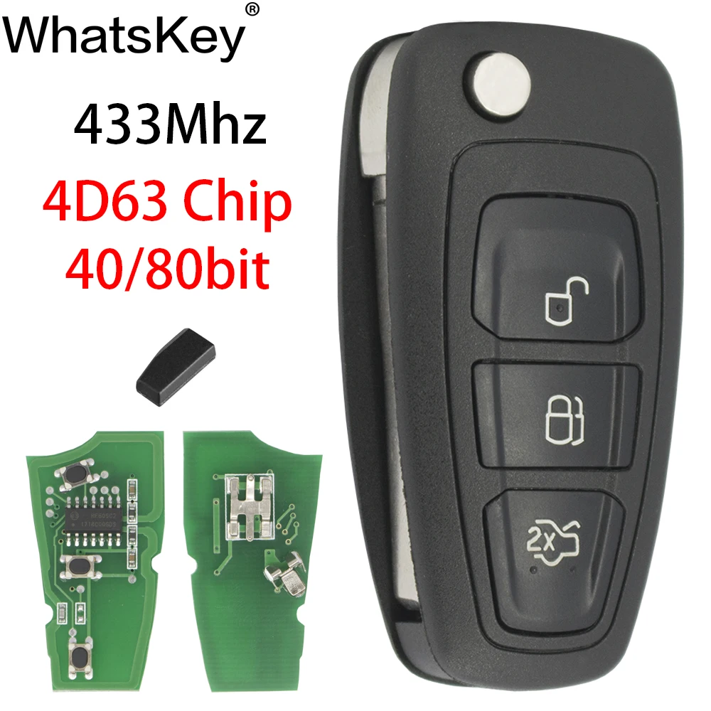 WhatsKey 3 Button Remote Key Flip 433Mhz 4D63 Chip ID63 40/80Bit For Ford Focus 3 Fiesta 2013 Connect Mondeo C Max HU101 Blade