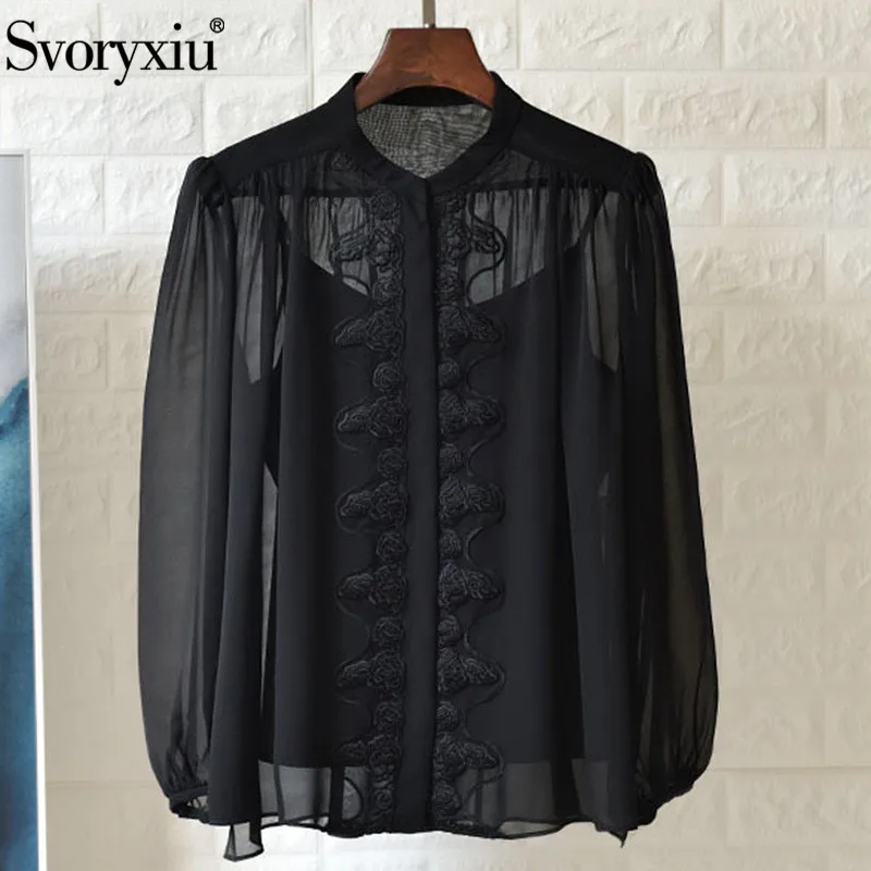 

Svoryxiu Designer Summer Sexy Black Chiffon Blouse Shirt Women's Lantern Sleeve Embroidery Loose Blouse Tops Female 2020 New