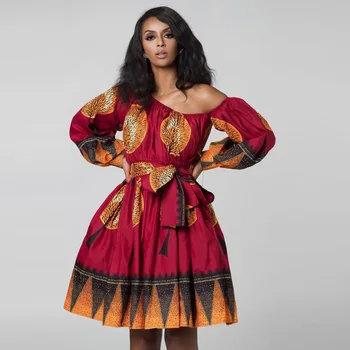 

Elegant African Dresses Dashiki Print Lantern Sleeve Sexy Off Shoulder Mini High Waist Tunic Dresses Party Vestidos Bazin Riche