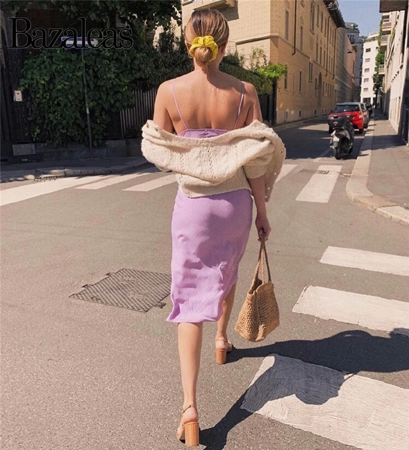 Bazaleas Франция Спагетти ремни фиолетовое винтажное платье-миди Mauve горошек печати летнее платье Мода vestidos тонкий Прямая поставка