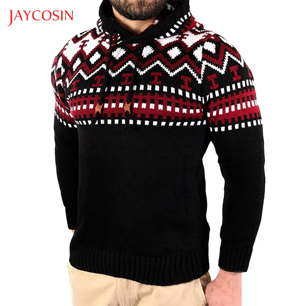 Joycosin 2019 New Autumn Winter Men Printed Pullover Hooded top Patchwork Diamond Knitted Warm Hoodies Sweatshirt Drawstring | Мужская