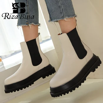 

RIZABINA Real Leather Women Ankle Boots Slip On Mixed Color Round Toe Shoes Winter Warm Boots Fashion Women Footwear Size 34-39
