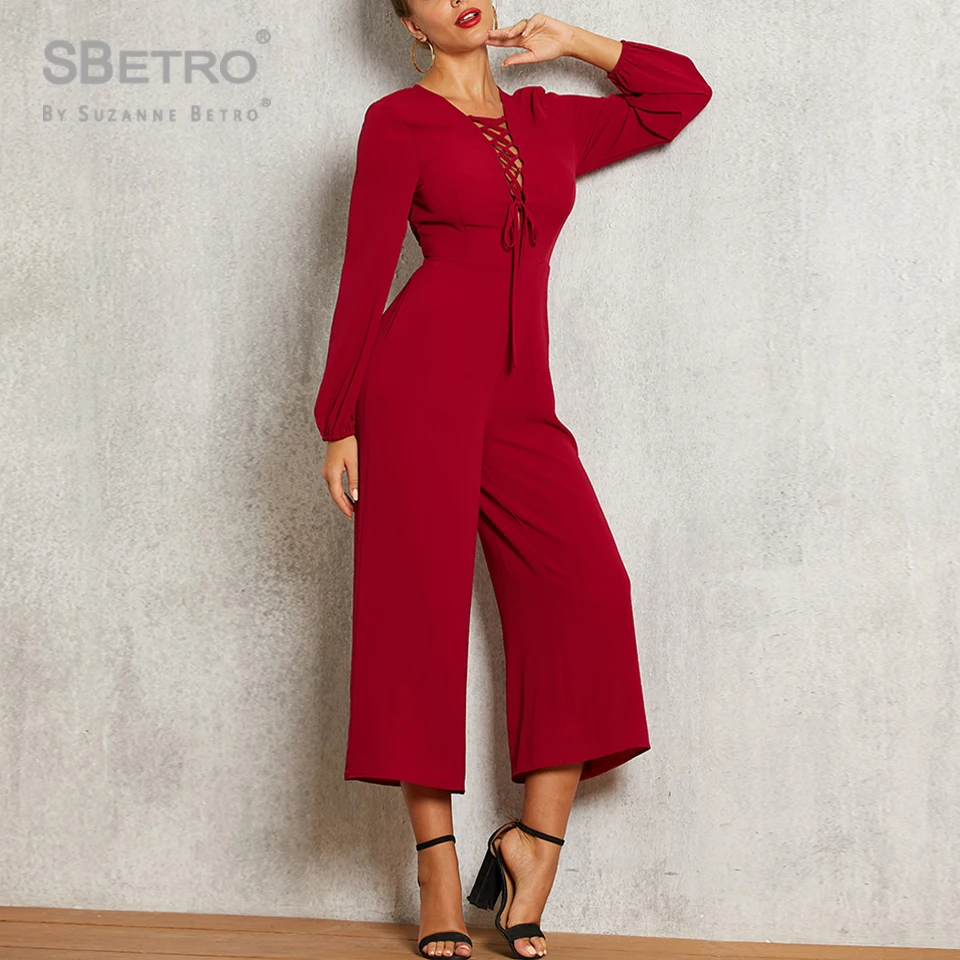 

SBetro Red olid Lace Up Front Wide Leg Jumpsuit Autumn Ladies High Waisted Playsuit Bohemian Long Sleeve Jumpsuit women