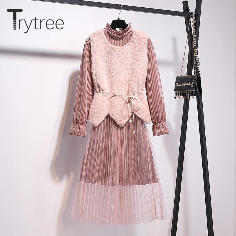 Осенне зимний комплект из двух предметов Trytree 2020 повседневная плиссированная