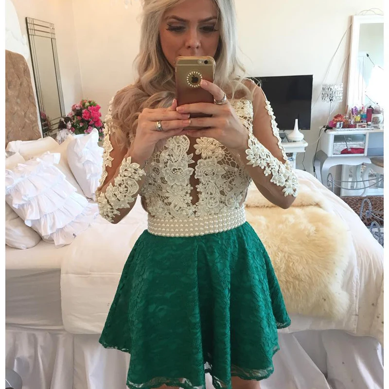 Vestidos de formatura на заказ ТРАПЕЦИЕВИДНОЕ зеленое с аппликацией из Бисера Сексуальное Кружевное короткое платье для выпускного вечера