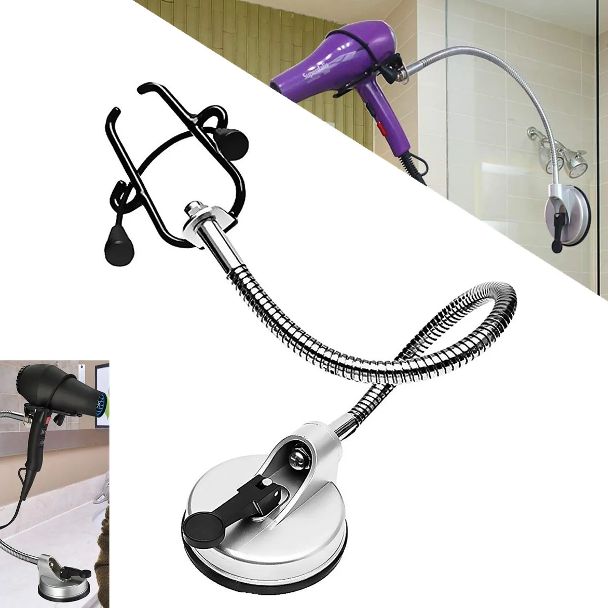 

Universal Adjustable Hands Free Hair Dryer Stand Holder Rack Storage 360 Degree Wall Mount With Strong Suction Cup for Bathrrom