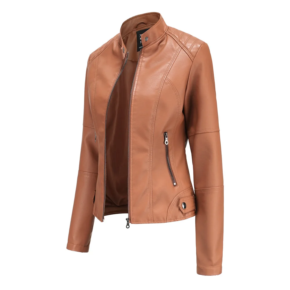 

Spring Autumn PU Leather Jacket Women High Street Solid Slim Faxu Leather Coats Elegant Moto Biker Jackets Female Outerwear