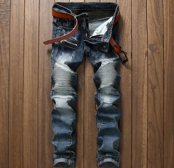 

European American Style Men's jeans slim denim trousers Straight famous brand mens blue Patchwork designer zipper jeans pants