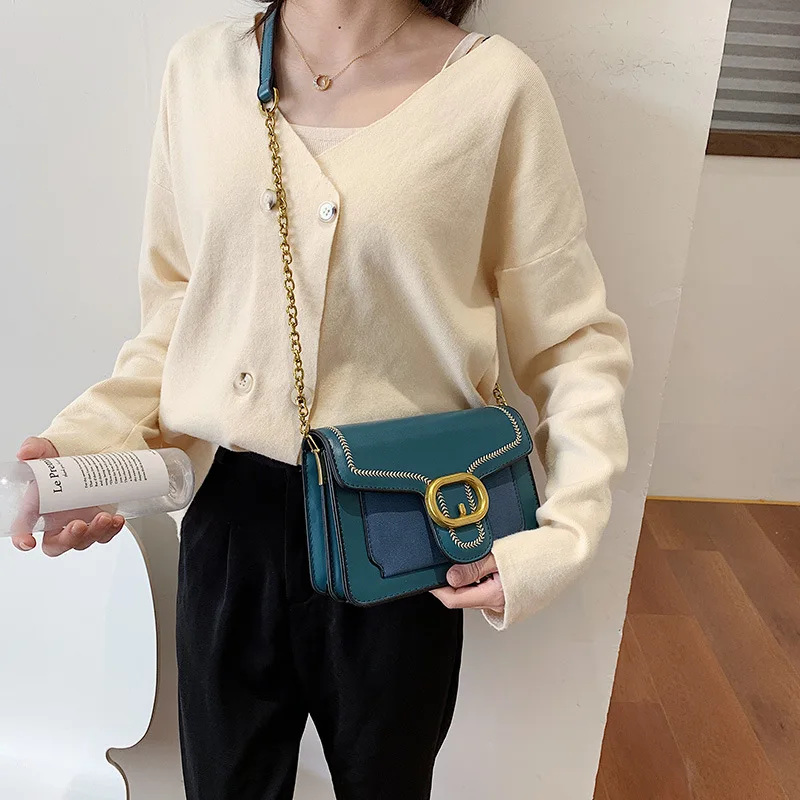 

CHIC Textured Chain Small Bag Fashion Contrast Color Dull Polish Square Sling Bag 2019 New Style WOMEN'S Bag Shoulder Bag Should