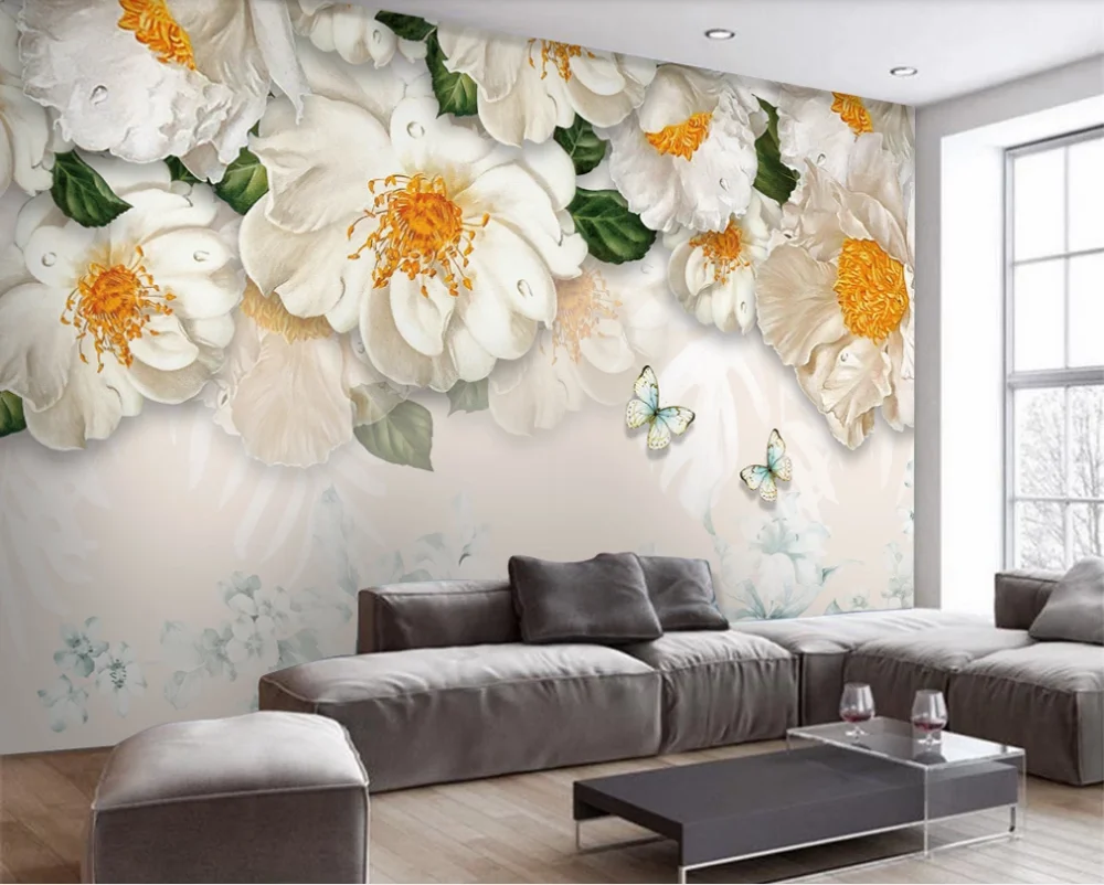 

Custom wallpaper fresh hand-painted flowers three-dimensional oil painting sofa background wall-waterproof material