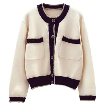 

2019 autumn new elegant women sweater knitted v-neck button pocket solid office lady short cardigan outwear thin coat tops
