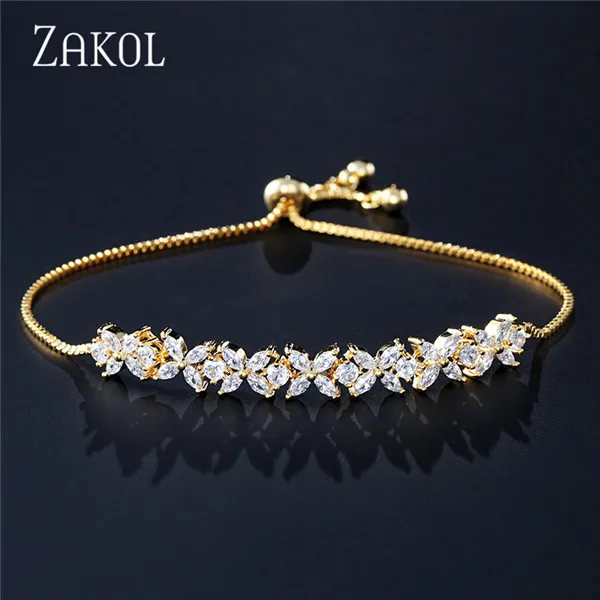 Gold Color ZAKOL, Новое поступление, белый Фианит, циркон, камни, цветок, шарм, регулируемые браслеты для женщин, модные свадебные ювелирные изделия, FSBP2136 - Окраска металла: Gold Color