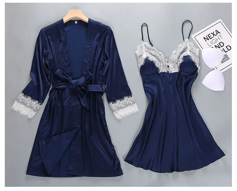 Queenral 2PCS Sexy Women's Robe Gown Sets Night Woman Nightgown Summer Nightdress Lace Satin Sleepwear Pajamas With Chest Pad   8