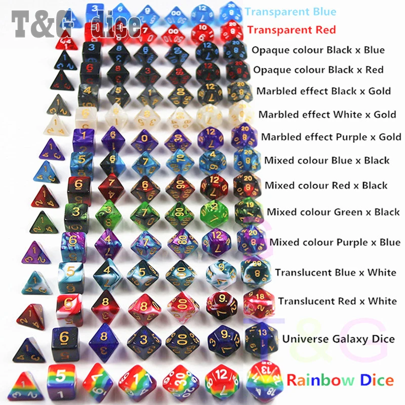 105 красочных игральных костей с черной сумкой T & G Rainbow 15 комплектов D4 D6 D8 D10 % D12 D20