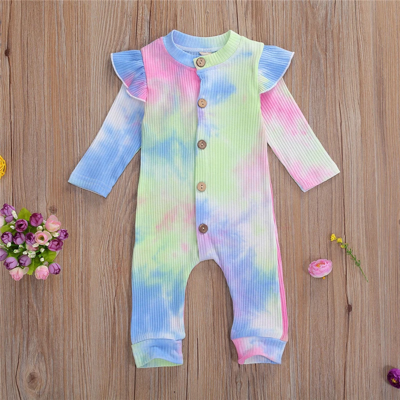 

2020 Fashion Newborn Girl Boy Tie-dye Print Romper Infant Long Sleeve Round Neck Ribbed Jumpsuit Ruffle Playsuit