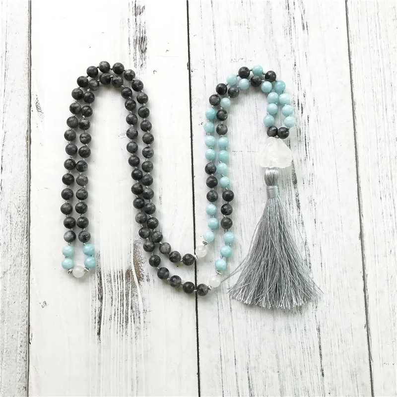 Natural Labradorite 108 Mala Bead Necklaces Meditation Mala Necklace Yoga Jewelry Tassel Necklace Hand Knotted Prayer Necklace