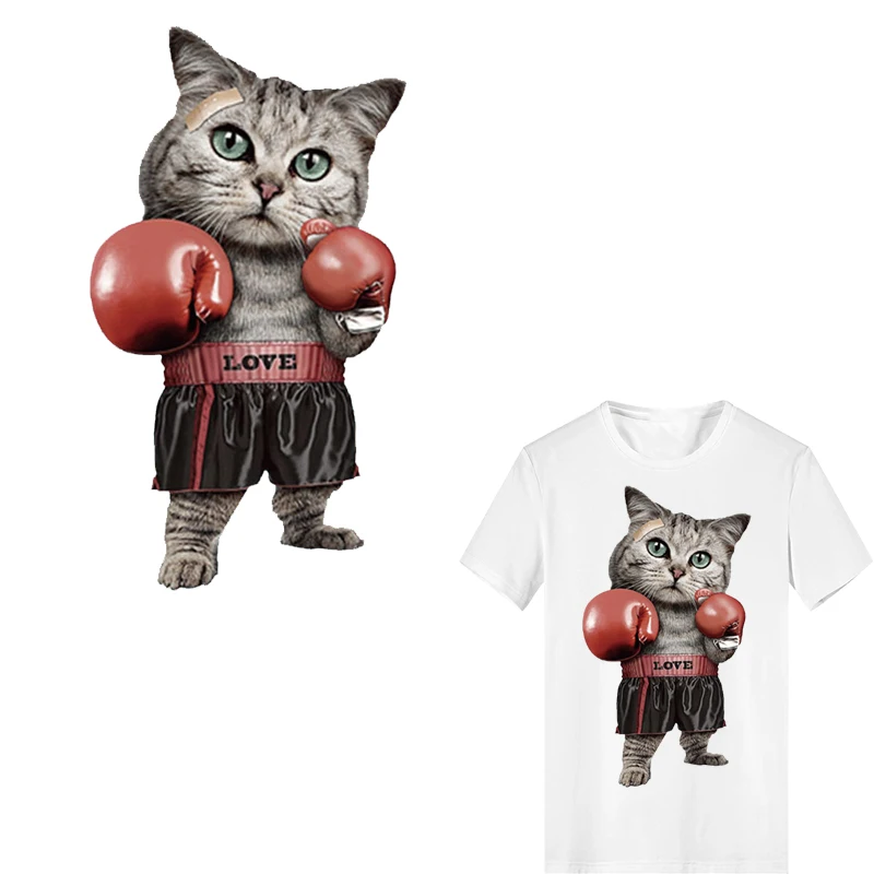 

Cute Cat Patch Print on Clothes Heat Transfer Printing Boxing T-shirt Girl Iron on PVC Patches for Clothing Women Stickers