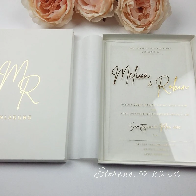 Luxury Gold Foiling Acrylic Wedding Invitations with Box Marriage Cards Popular Invitation Cards