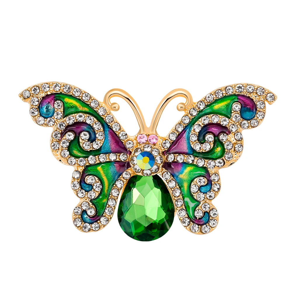 Green Wings Butterfly With Clear Rhinestone Insect Brooch Party Jewelry Pin