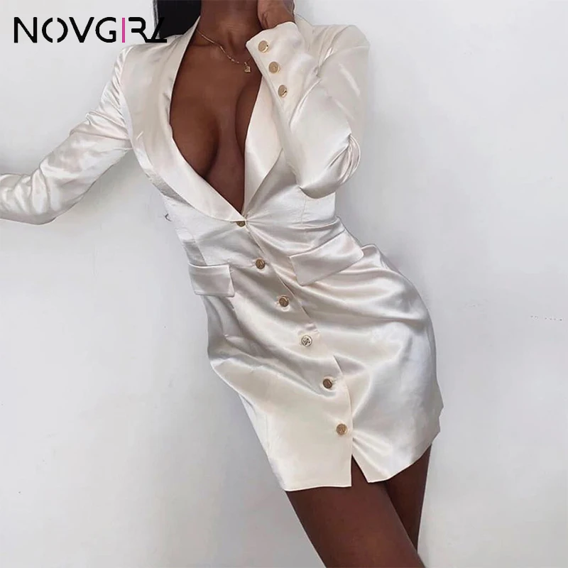 Novgirl сексуальное платье с глубоким вырезом, шелковое атласное облегающее платье для женщин,, длинный рукав, на пуговицах, для офиса, для девушек, Блейзер, платье, одежда для работы, платья - Цвет: Белый