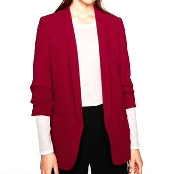 

Fashion Blazer For Women Ruffled 3/4 Sleeve Cardigan Pleated Solid Color Pocket Blazer
