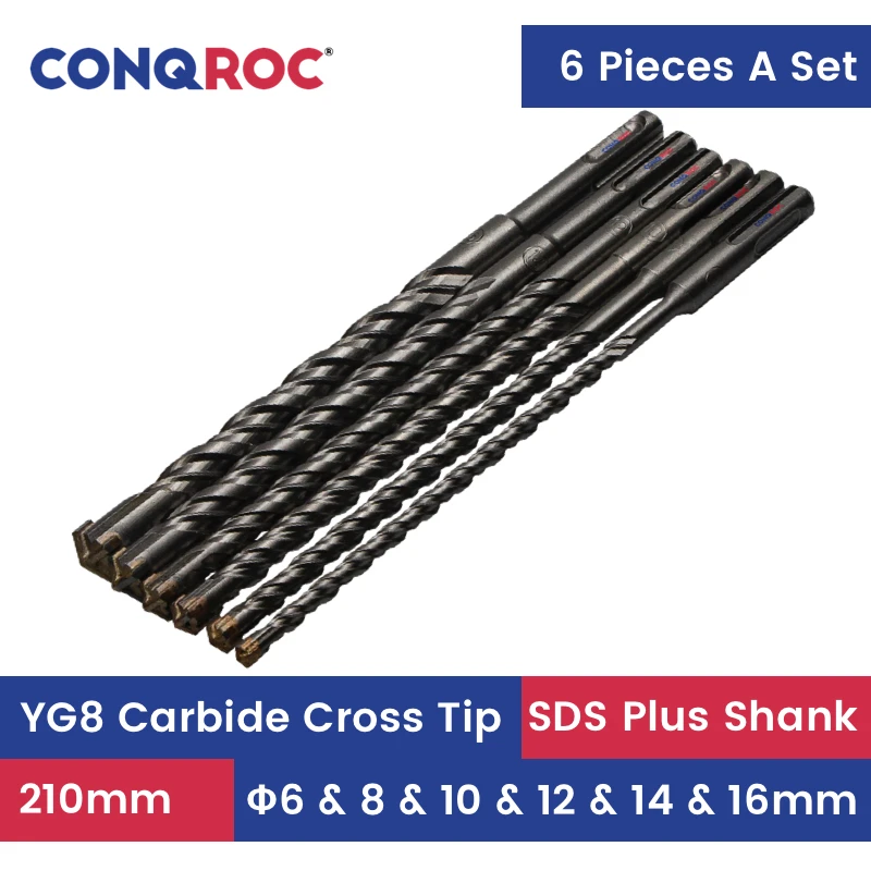 6 Pieces 210mm SDS Plus Drill Bits Set 6mm 8mm 10mm 12mm 14mm 16mm YG8 Carbide Steel Cross Tip Masonry Drill Bits Kit