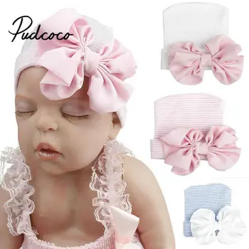 

2020 Knitted crochet Sweet Baby Girl Hat with Bow Candy Color Baby Turban Cap for Boy Girls Elastic Infant Accessories One Piece