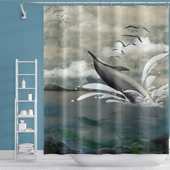 

Sea Scenery Dolphins Cartoon Printed Shower Curtain Bathroom Waterproof Polyester Bohemian Bath Screen for Bathroom Decor Gift