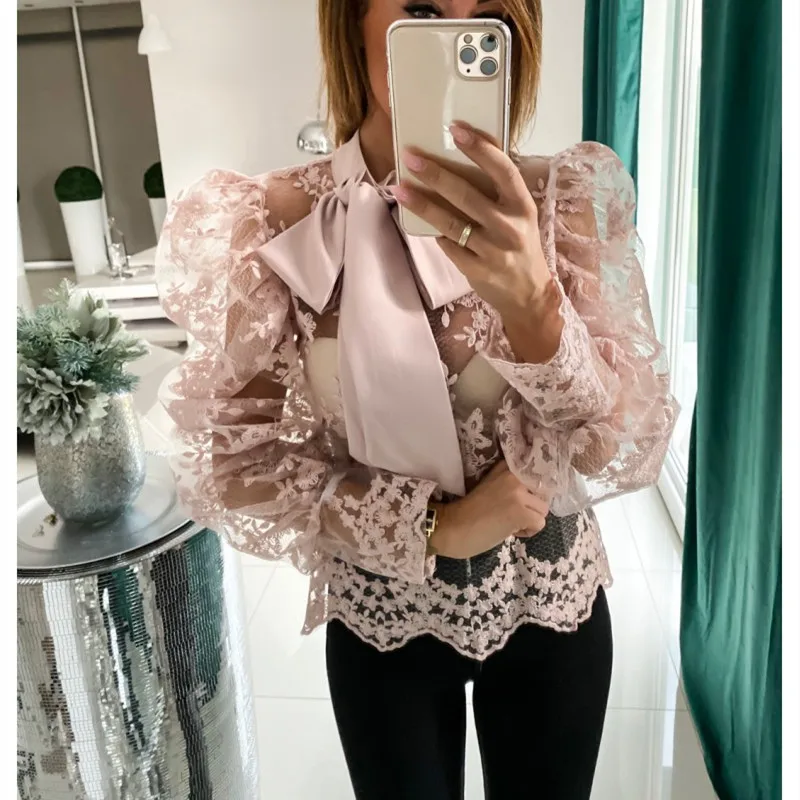 Sexy Women Lady Crochet Mesh Sheer See-Through Long Puff Sleeve Tops Shirt Bow Neck Loose Casual Blouse Top Sexy Women Lady Crochet Mesh Sheer See-Through Long Puff Sleeve Tops Shirt Bow Neck Loose Casual Blouse Top