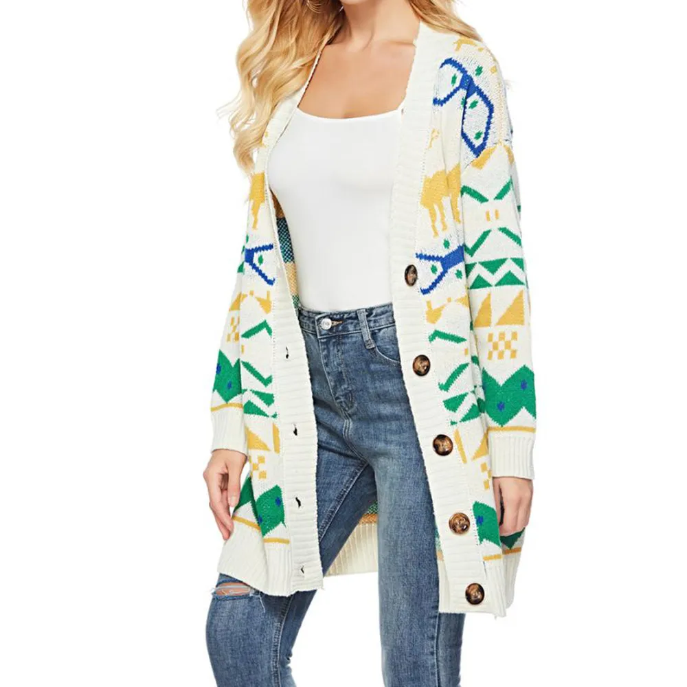 

Cute Knitted Cardigans Women Button Sweaters Lady Winter New Year Coats Long Sleeve Thick Jumper Long Tops Knitwear Warm Knits