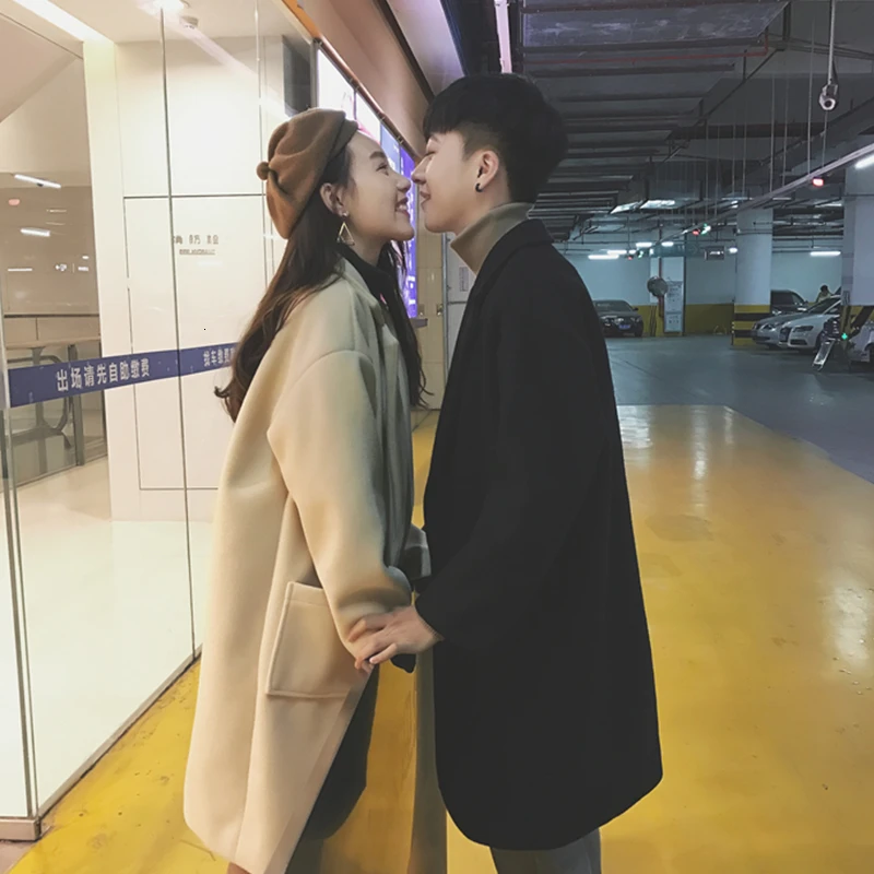 

Winter Plus Velvet Thick Woolen Coat Men's Warm Fashion Solid Color V-neck Woolen Jacket Man Wild Long Couples Woolen Coat