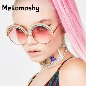 

Rainbow Semi-rimless Sunglasses Women Luxury Brand Designer Fashion Round Steampunk Sunglasses Vintage Eyewear UV400 Oculos