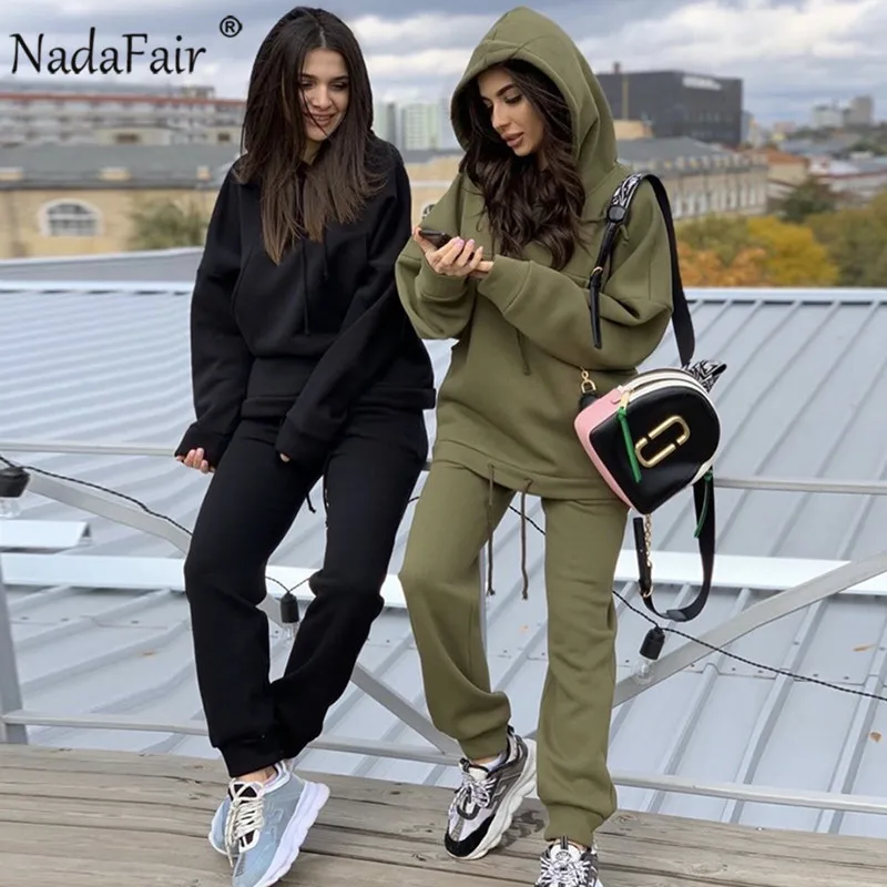 Nadafair/комплект из двух предметов, Осенний женский спортивный костюм, толстовка и штаны большого размера, повседневный спортивный костюм, зимний женский комплект из 2 предметов