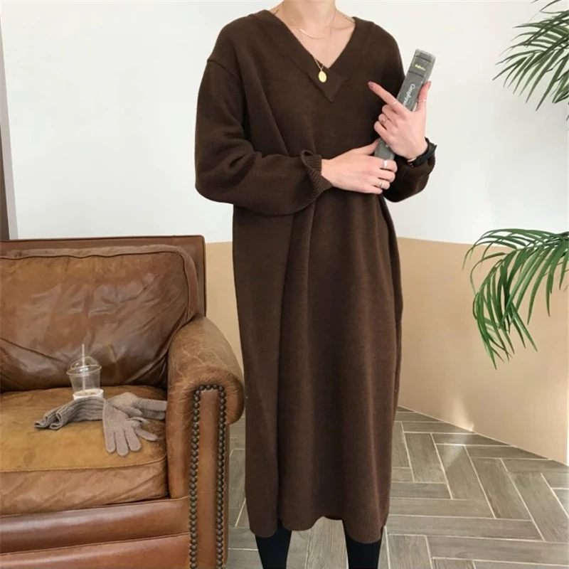 Koop BGTEEVER Chic Oversize Dikke Lange Trui Jurk Vrouwen V hals Herfst Winter Straight Trui Jurk Vrouwelijke Toevallige Losse Gebreide Jurk