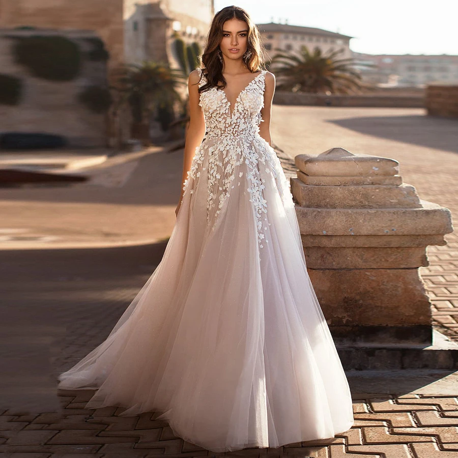

Romantic V-neck Sleeveless Wedding Dress Vestido De Noiva 2019 Applique Tulle A-line Bridal Wedding Gowns Customized Color