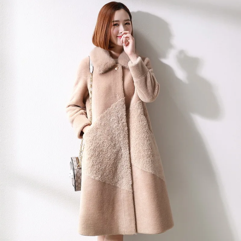 

Autumn Winter Jacket Women Clothes 2020 Real Wool Fur Coat Natural Mink Fur Collar Long Sheep Shearing Coats 38308